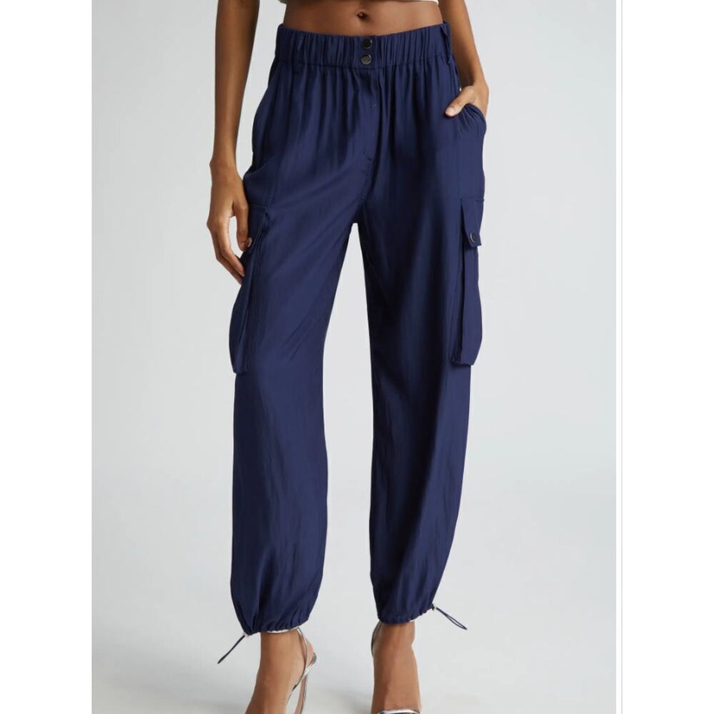 Ramy Brook Mayme Cargo Joggers Pants Satin Navy Blue LARGE Loose Slouchy